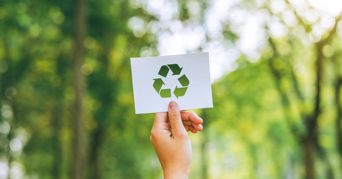 Foto de una persona mostrando con una mano el símbolo de reciclaje con un fondo verde