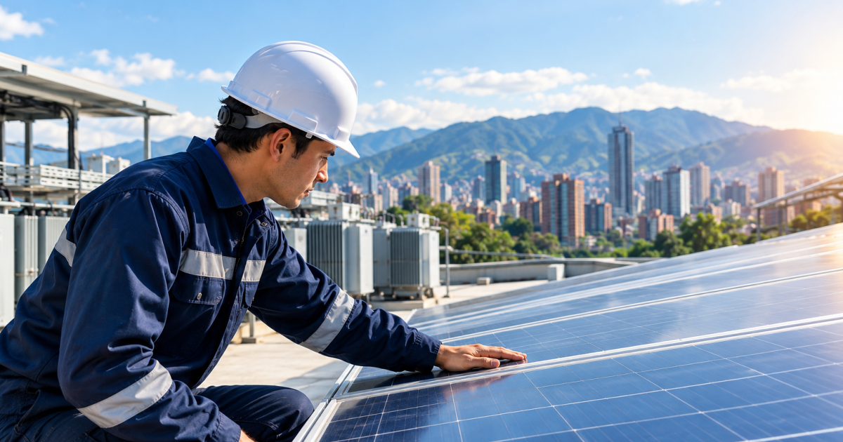 Trabajador con paneles solares exposolar