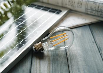 Foto de un bombillo con un panel de energía solar al lado