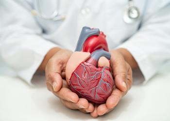 Foto de un médico con la imagen de un corazón de juguete en las manos