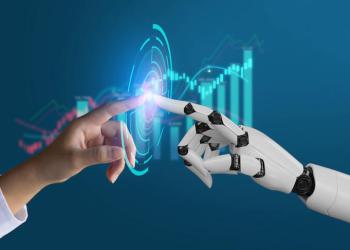 Imagen de inteligencia artificial de una mano humana que se toca con una mano de robot