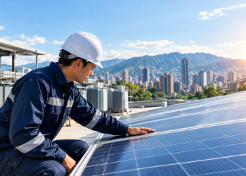 Trabajador con paneles solares exposolar