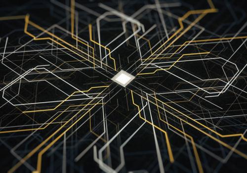 Foto de un chip con varias lineas de colores a su alrededor