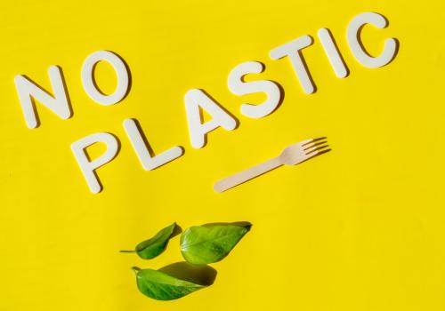 Foto de una imagen amarilla con letras que dice no plastic