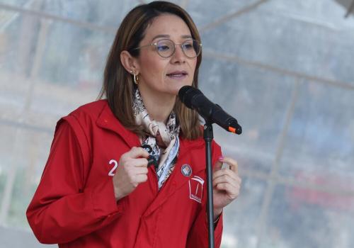 Foto de una mujer hablandole a un microfono con una chaqueta roja