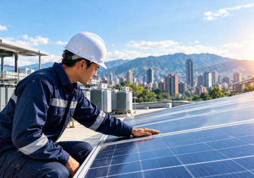 Trabajador con paneles solares exposolar