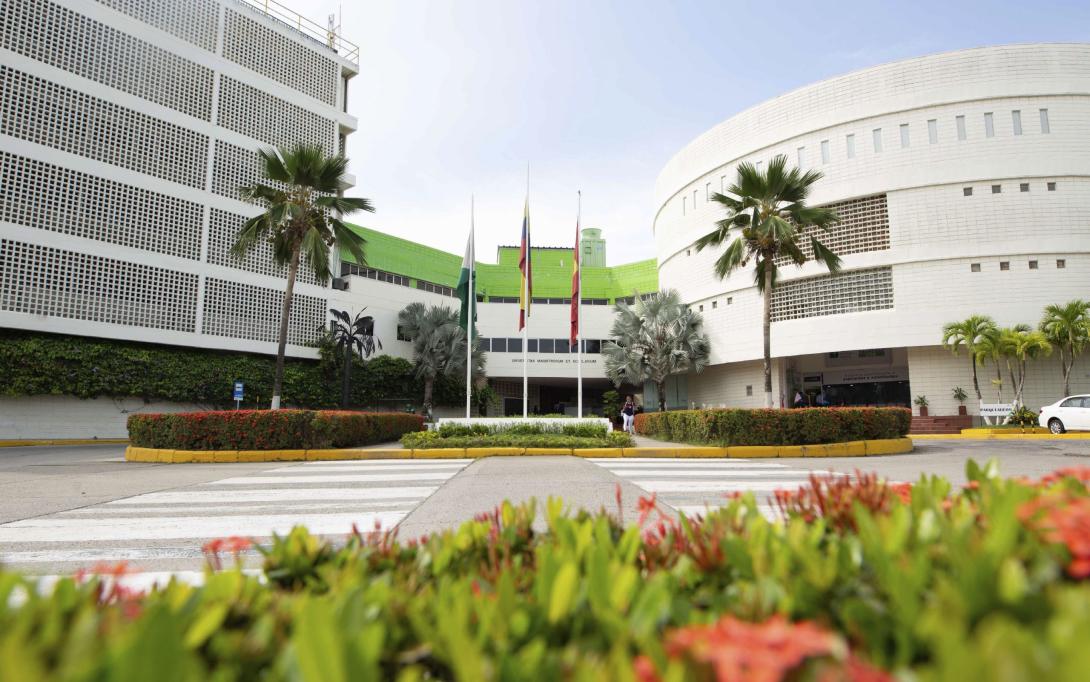 Foto de un edificio blanco con adornos verdes a su alrededor 