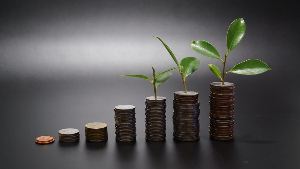 Foto de monedas apiladas de forma creciente  con un fondo gris