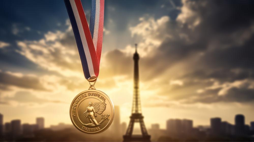 Foto de parís con una medalla de orofrente a la torre eifel