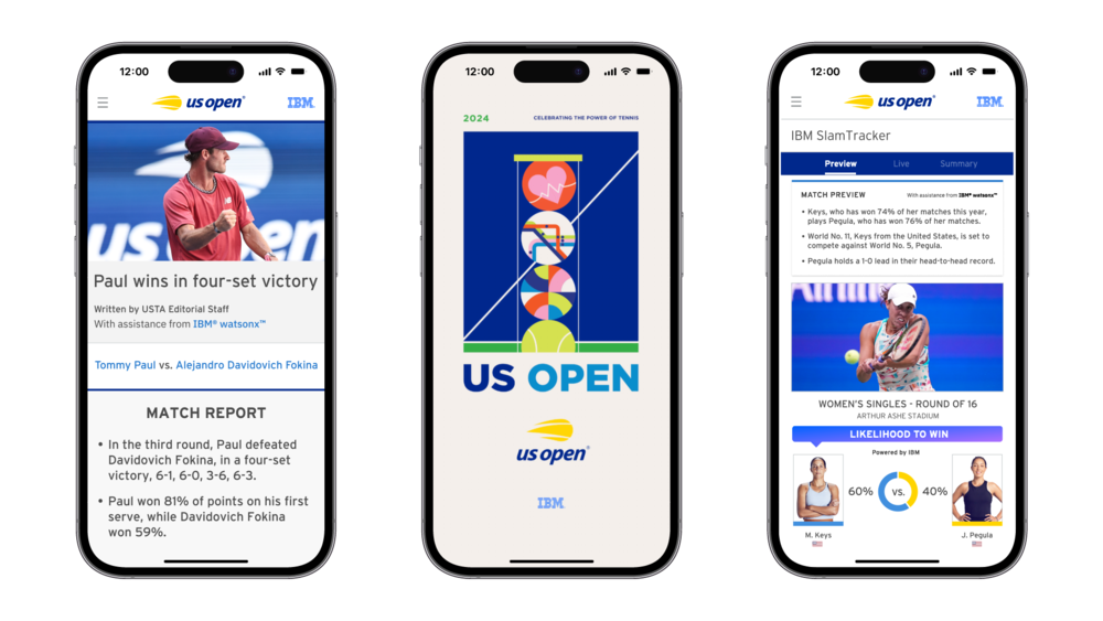 Foto de tres celulares mostrando imagenes de Us Open