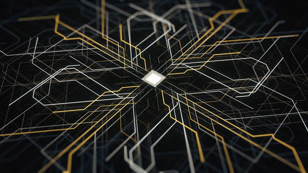 Foto de un chip con varias lineas de colores a su alrededor