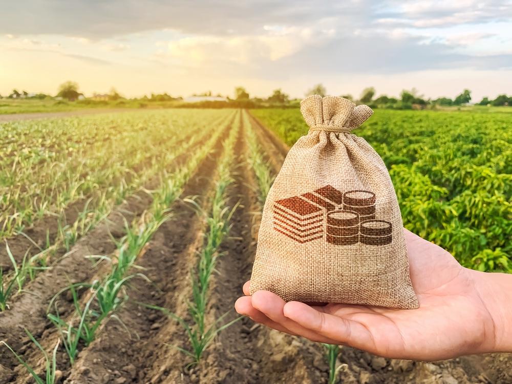 Una bolsa de dinero con un fondo agrícola de fondo