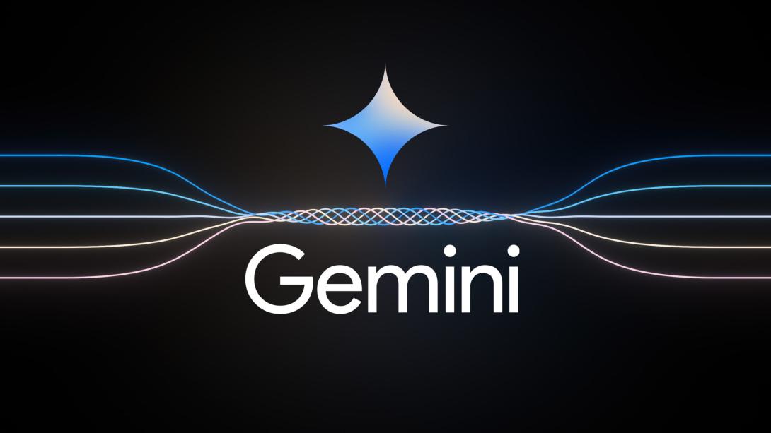 Fotografía de la presentación de Gemini, aparece en la pantalla con un diseño tecnológico de colores con un contraste negro